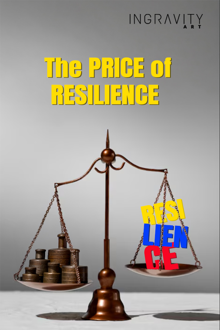 The Price of Resilience: a balance scale with coins on one pan and the word “resilience” in scattered yellow, blue, and red letters on the other.
